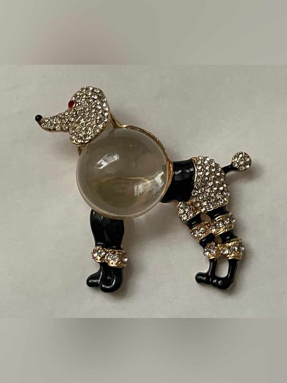 Crystal and Black Enamel, clear glass poodle dog Brooch